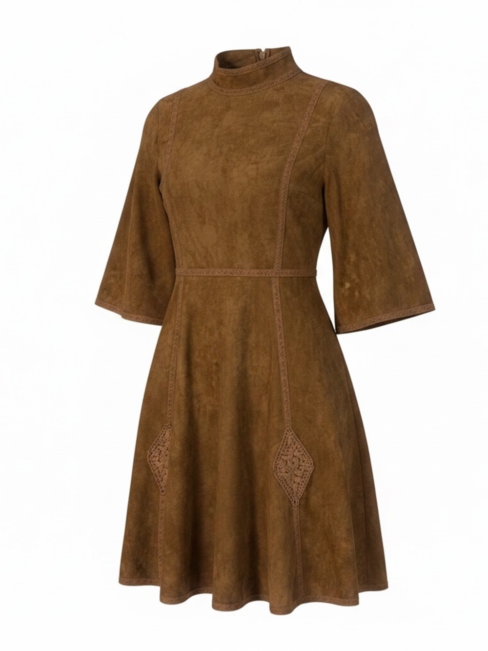 Moon River Suede Crochet Mock Neck Fit & Flare Dress